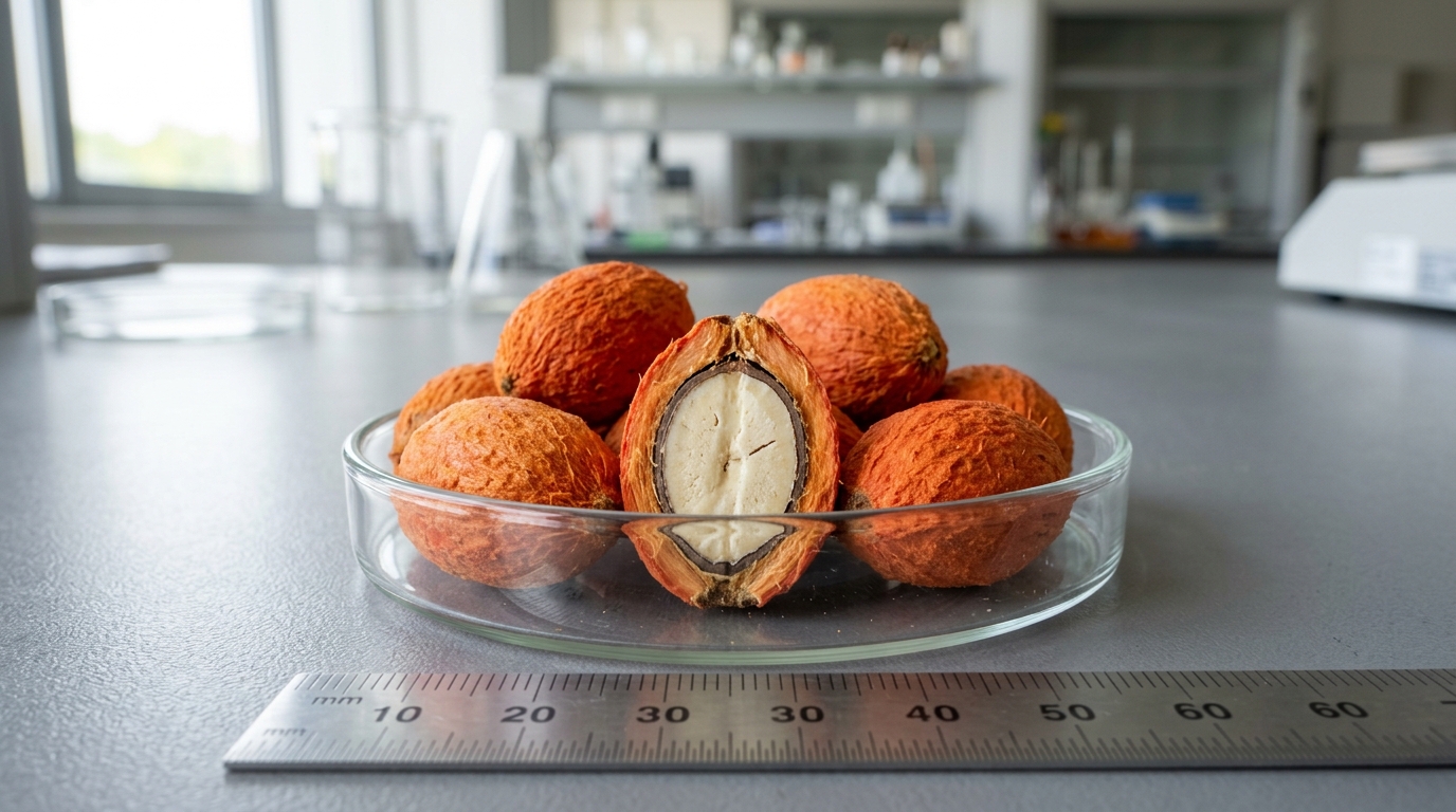 Botanical specimen dish showing whole and cross-sectioned toxic Sago Palm seeds with millimeter ruler