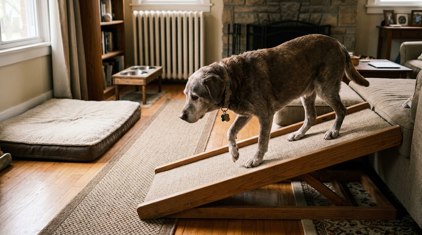 Low-impact environmental setup and ramp accommodation for canine oncology patient