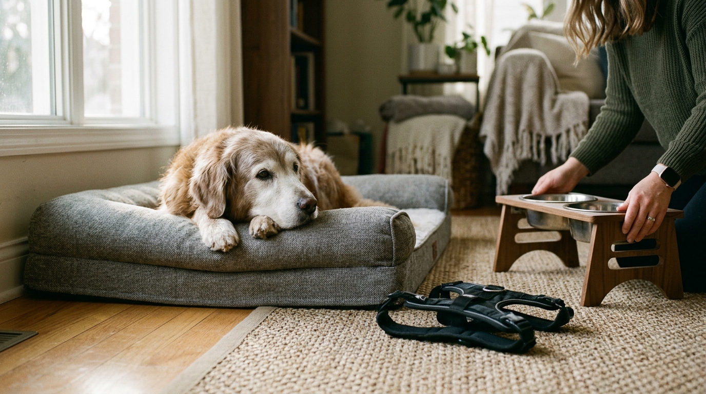 Figure 2: Senior Dog Environmental Traction & Orthopedic Support — Home living room modifications featuring non-slip runner rugs over slick floors, thick memory foam orthopedic bedding, and elevated bowls to preserve joint comfort and mobility in aging canines.