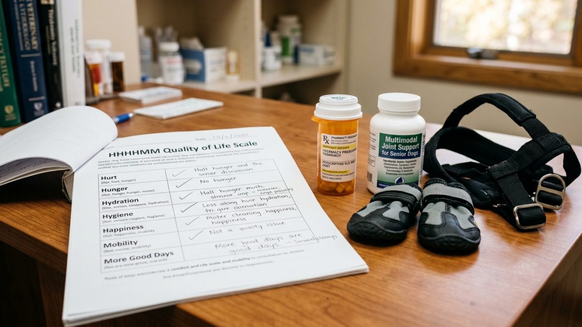 HHHHHMM Quality of Life scale assessment matrix tracking chronic pain, hydration, and palliative hospice care in a senior dog.