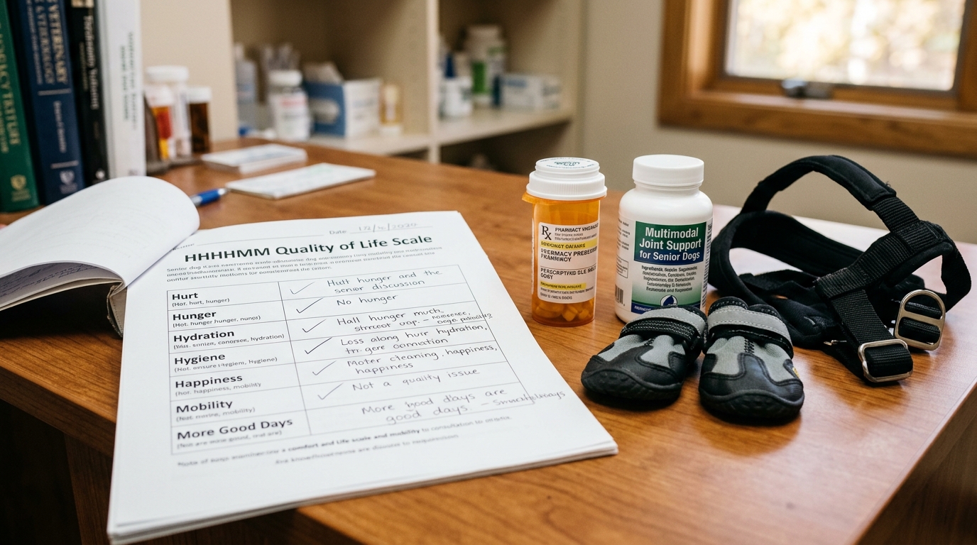 Figure 1: Geriatric Canine Quality-of-Life (HHHHHMM Scale) & Mobility Exhibit — Macro display of the validated HHHHHMM scoring worksheet tracking Hurt, Hunger, Hydration, Hygiene, Happiness, Mobility, and More Good Days, alongside multimodal joint supplements, paw traction booties, and supportive lifting harnesses.