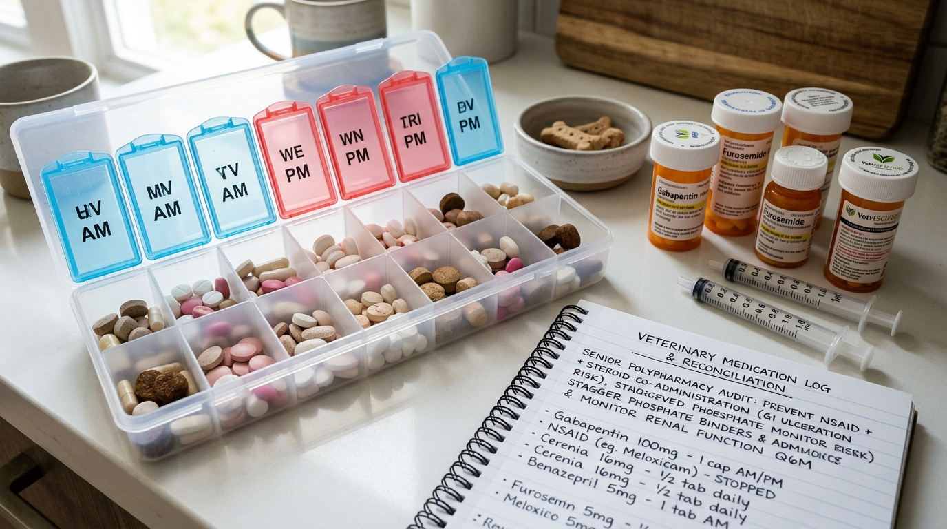 Organized medication tray and daily hospice tracking log for palliative pet care