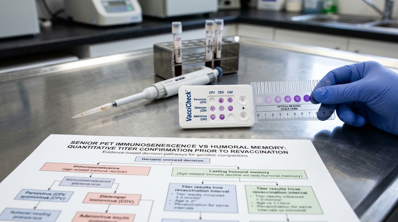 VacciCheck antibody titer test kit assessing residual circulating humoral immunity in adult feline prior to booster vaccination
