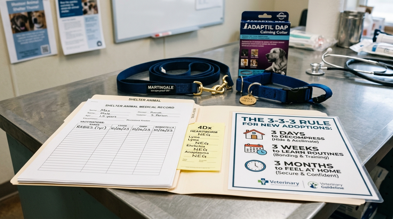 Figure 1: Shelter Dog Adoption Protocol & 3-3-3 Rule Exhibit — Macro display of adoption medical records, vaccination history, and core antigen test slips alongside an evidence-based guideline chart detailing the 3-3-3 decompression timeline, Martingale safety collar, and Adaptil calming pheromones.