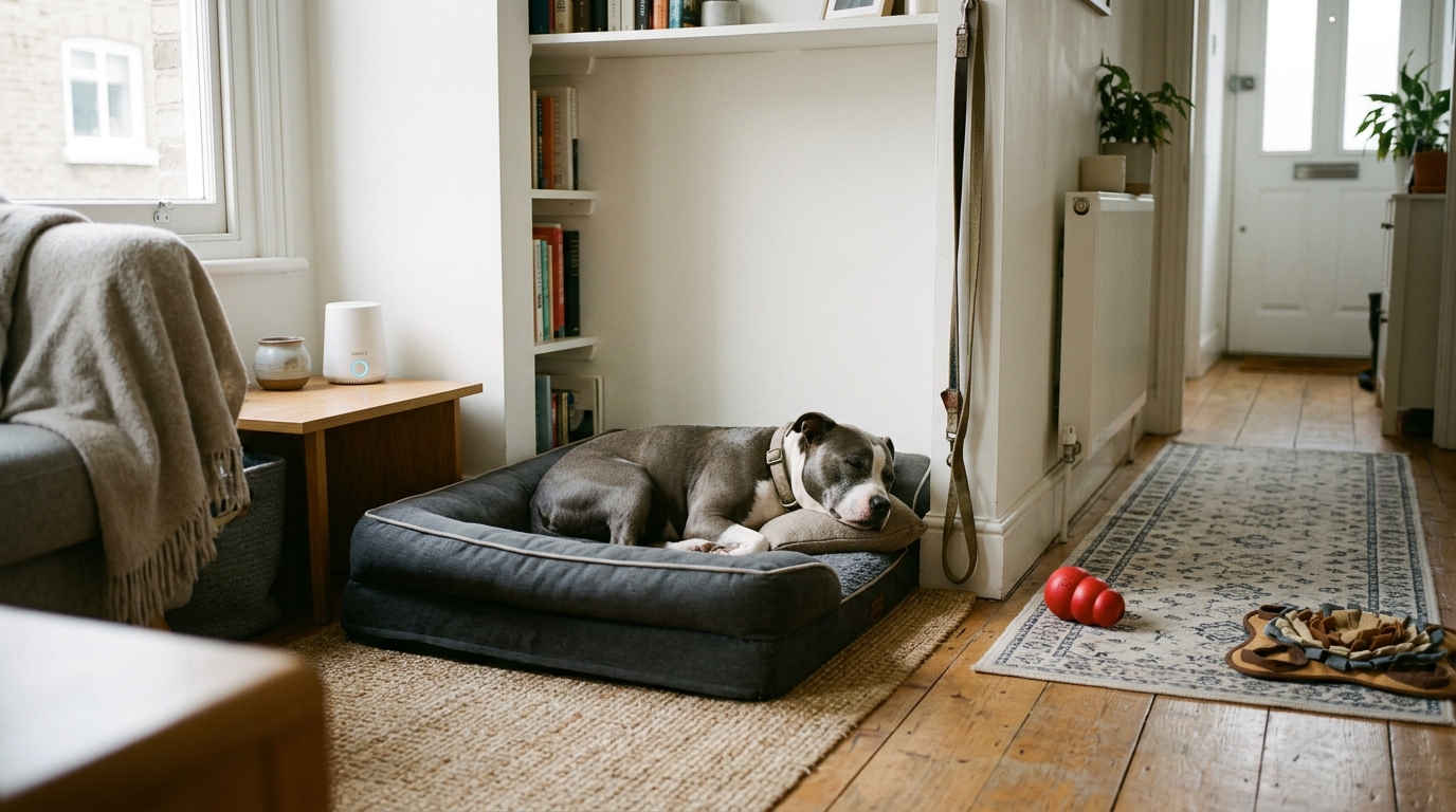 Figure 2: Apartment Sanctuary Rest Zone & Auditory Management — A medium-sized dog resting peacefully in a dedicated alcove bed buffered from hallway noise by a continuous white noise machine, demonstrating calm territorial settling in a compact living space.