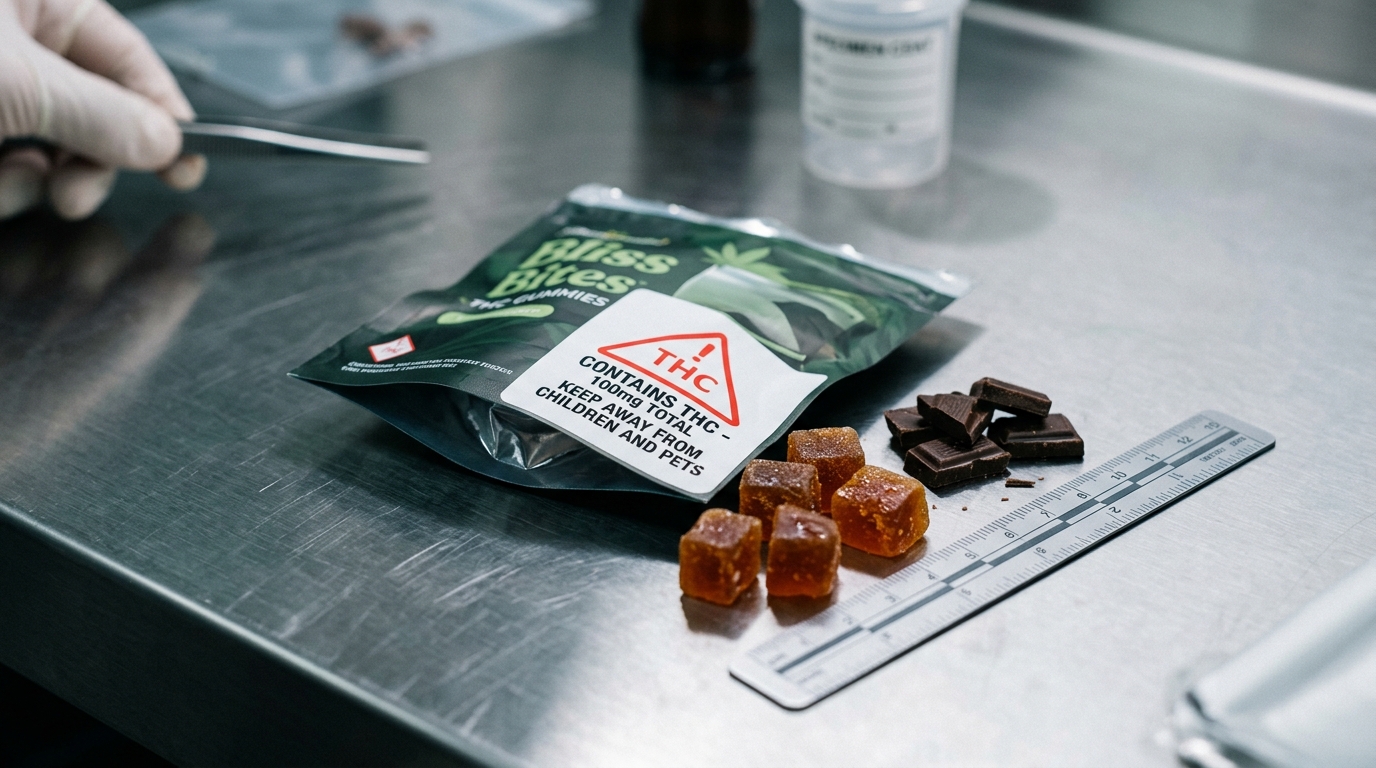 Macro view of opened cannabis edible gummy packaging displaying 100mg THC warning labels alongside gummies and broken chocolate on stainless counter
