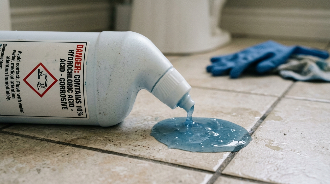 Macro photograph of spilled angled-neck bottle of toilet bowl cleaner leaking blue chemical gel with hydrochloric acid warning on tile