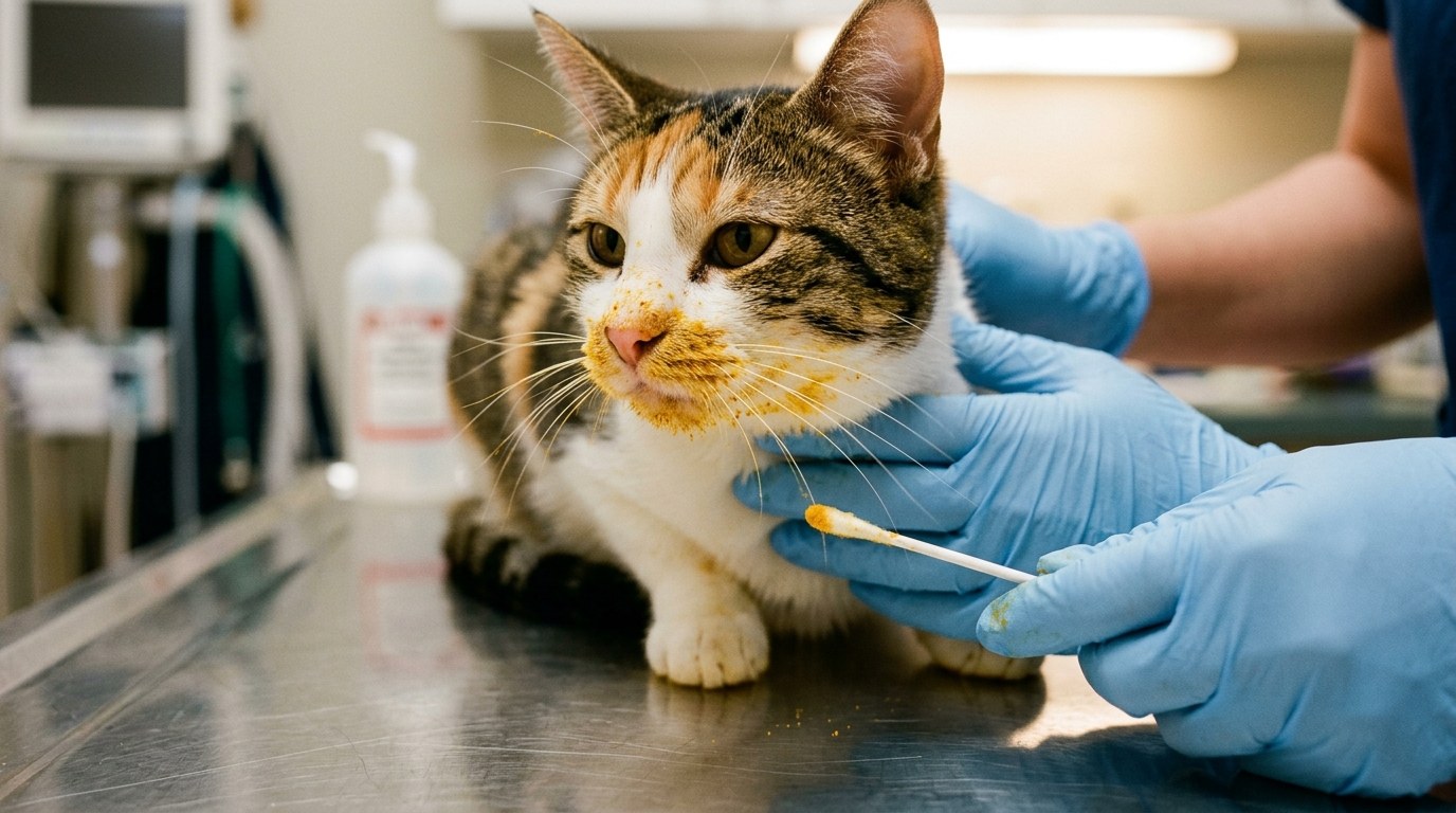 Yellow-orange true lily pollen staining around the muzzle and whiskers of a domestic feline