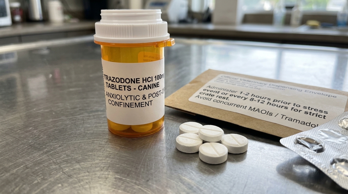 Amber prescription bottle of Trazodone 100mg tablets for canine situational anxiolysis with veterinary dispensing envelope