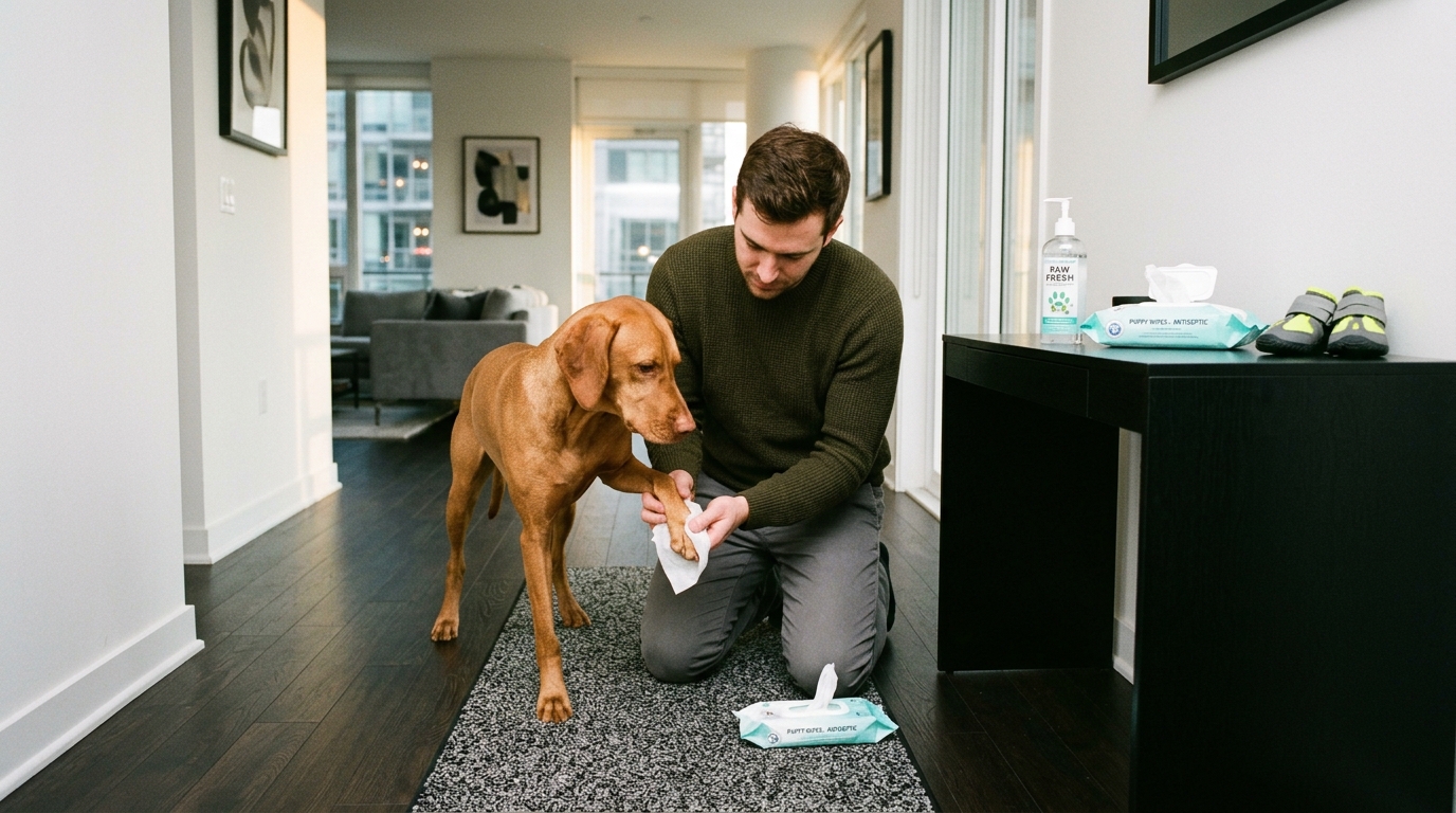 Figure 2: Post-Walk Urban Foyer Decontamination Protocol — A dog owner methodically cleansing the paws and underbelly of a patient medium-sized dog with antiseptic wipes on an entryway mat before allowing access to clean apartment living quarters.
