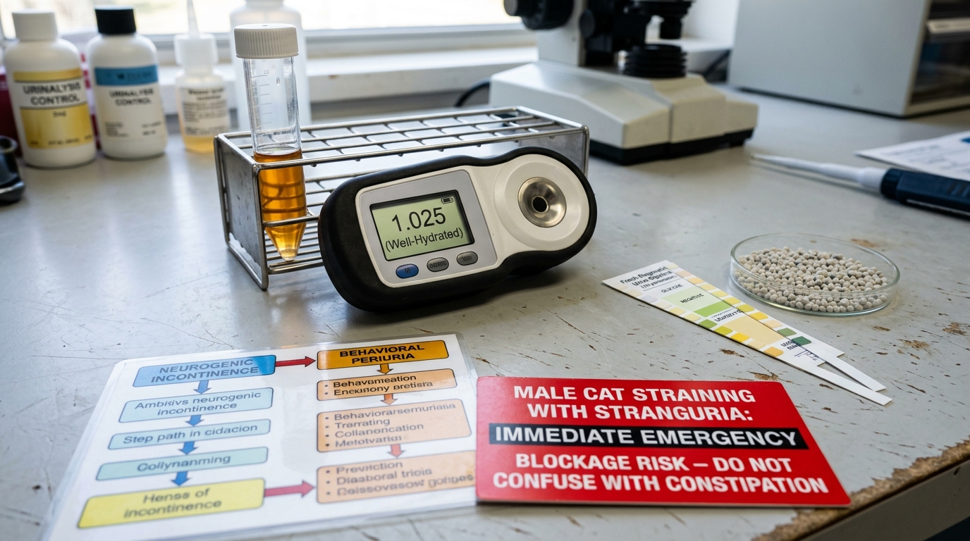 Figure 1: Seasonal Urinary Health Diagnostics & Hydration Urinalysis Exhibit — Macro display of fresh urine in a centrifuge tube, a digital refractometer reading USG 1.025, reagent test strips, hydrophobic collection beads, and emergency male stranguria blockage warnings.