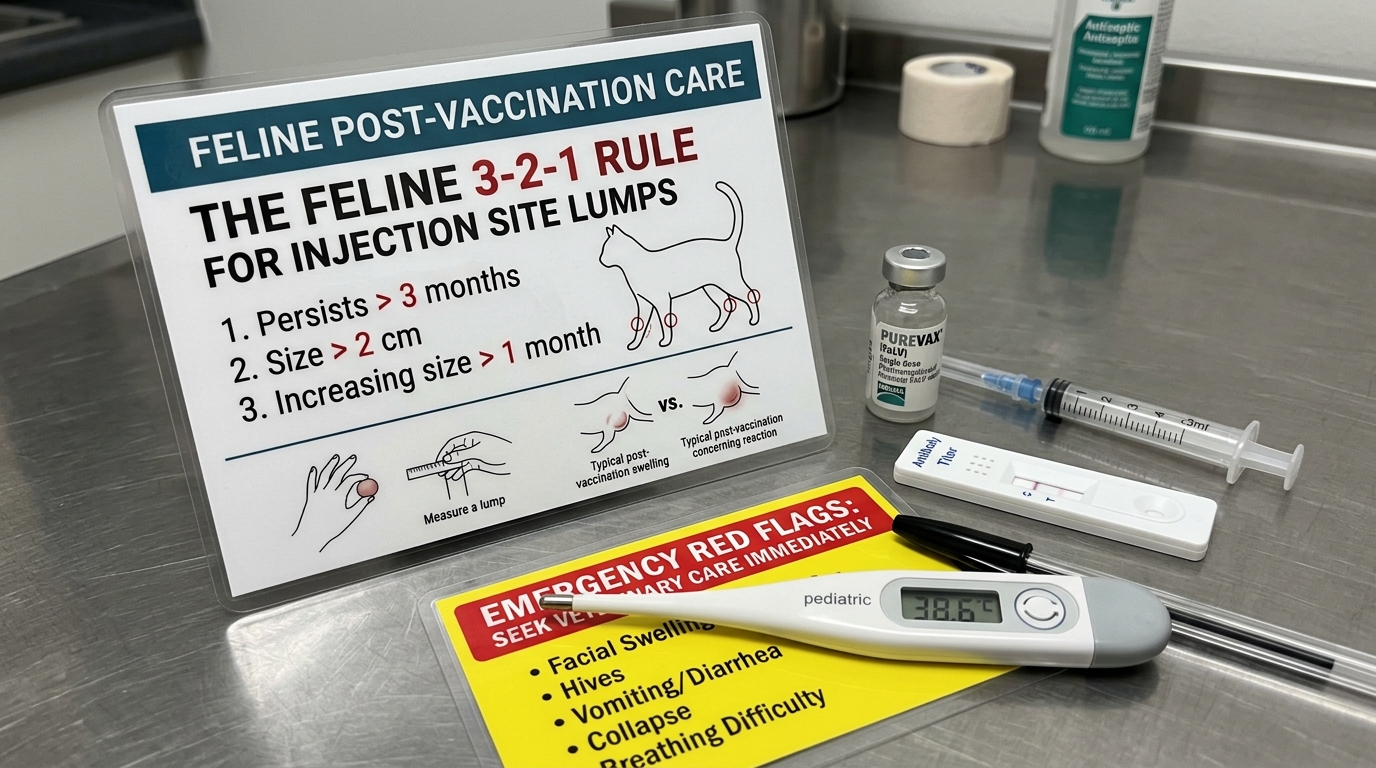 Figure 1: Post-Vaccination Observation & 3-2-1 Rule Monitoring Exhibit — Macro display of the 3-2-1 rule reference guide for post-vaccine lumps beside a pediatric digital thermometer (38.6°C), anaphylaxis warning card, Purevax vaccine vials, and titer rapid test cassette.
