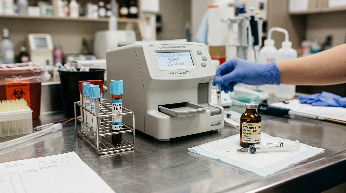 IDEXX coagulation analyzer machine with citrated blood tubes, sterile syringe, and Vitamin K1 injectable vial
