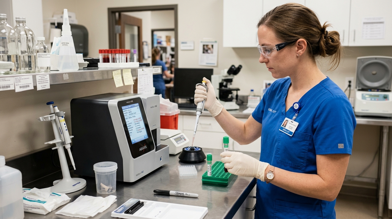 Veterinary technician operating an automated clinical chemistry analyzer measuring creatinine and BUN