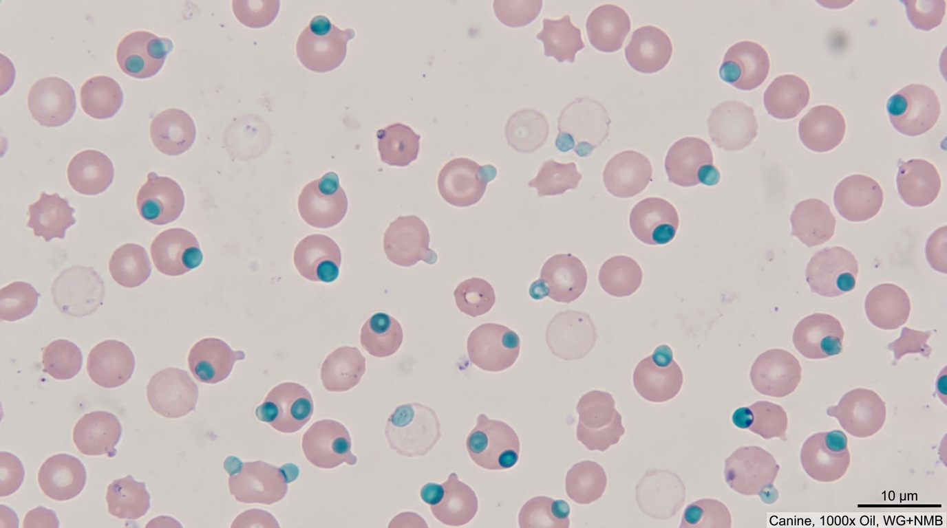 High magnification oil immersion blood smear showing Heinz body inclusions on erythrocyte membranes