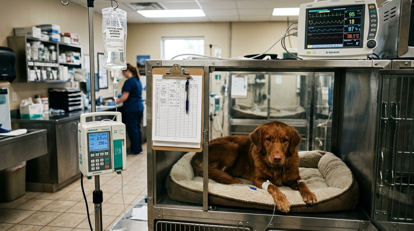 Veterinary intensive care constant rate infusion setup administering fomepizole antidote