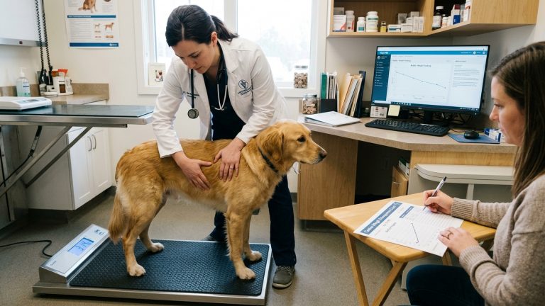Veterinarian palpating ribs and lumbar vertebrae during 9-point canine Body Condition Score assessment