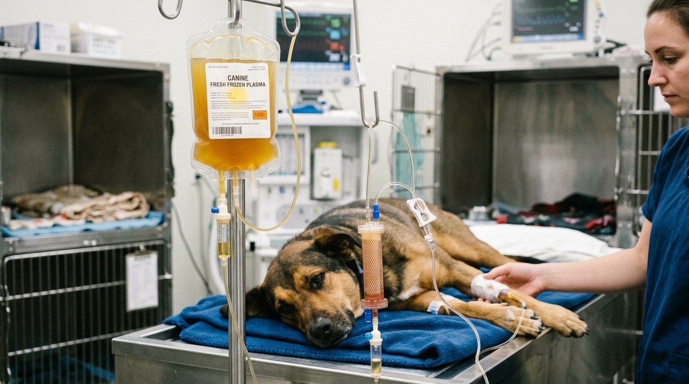 Veterinary intensive care transfusion setup administering fresh frozen plasma for active coagulopathy