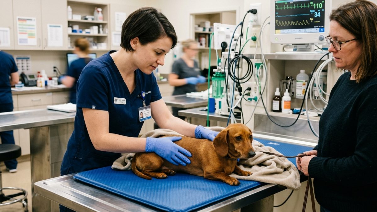 Veterinary neurologist performing spinal palpation and deep pain sensation testing in a dog with intervertebral disc disease (IVDD).