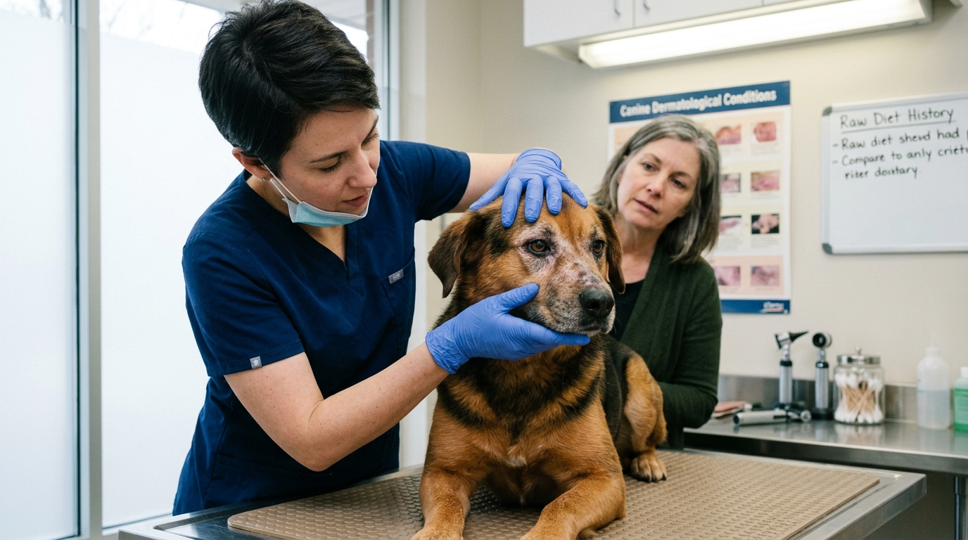 Veterinarian re-evaluating facial fur regrowth and dermal elasticity during thyroid hormone replacement therapy.