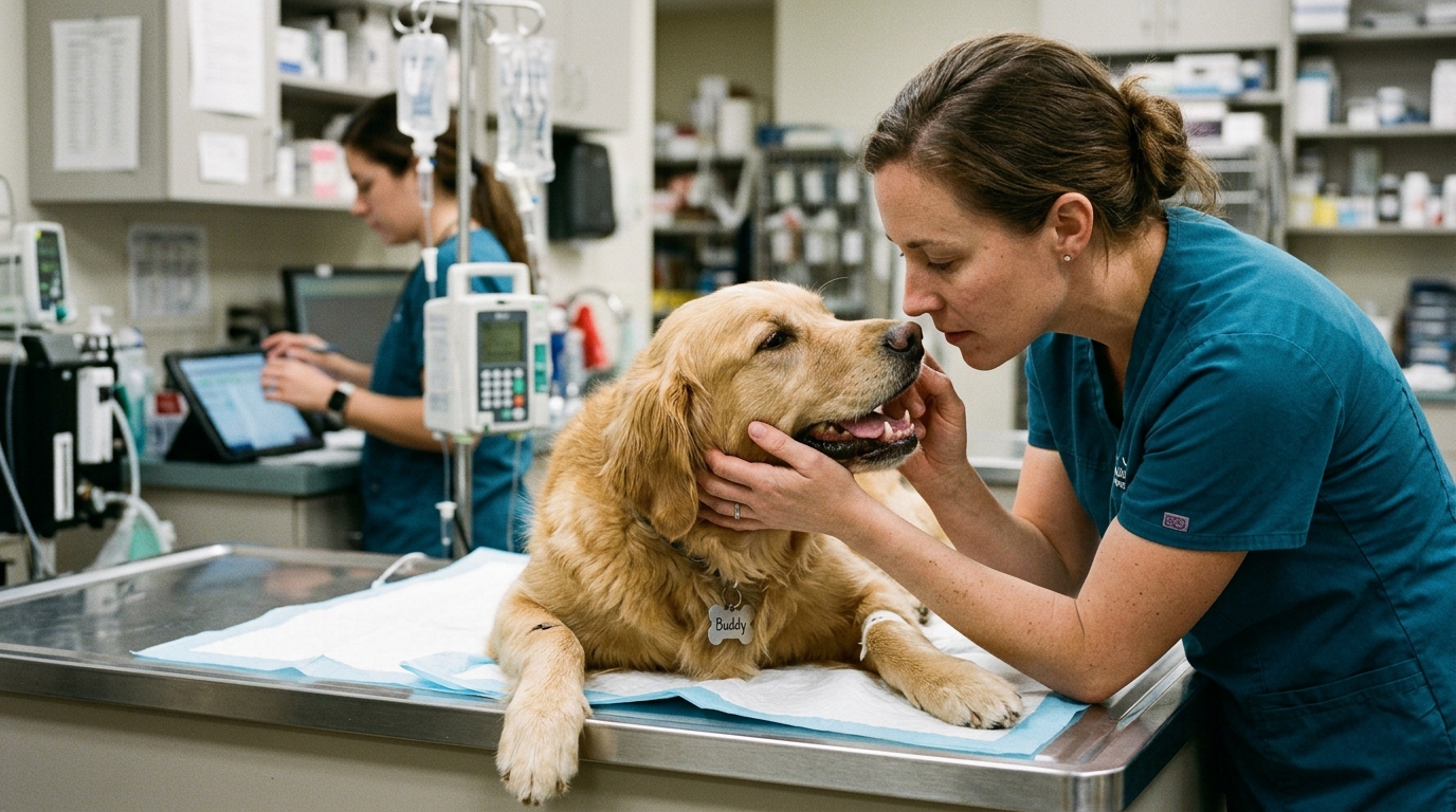 Veterinarian evaluating systemic hydration, mucous membrane color, and vital signs during canine diabetic stabilization.