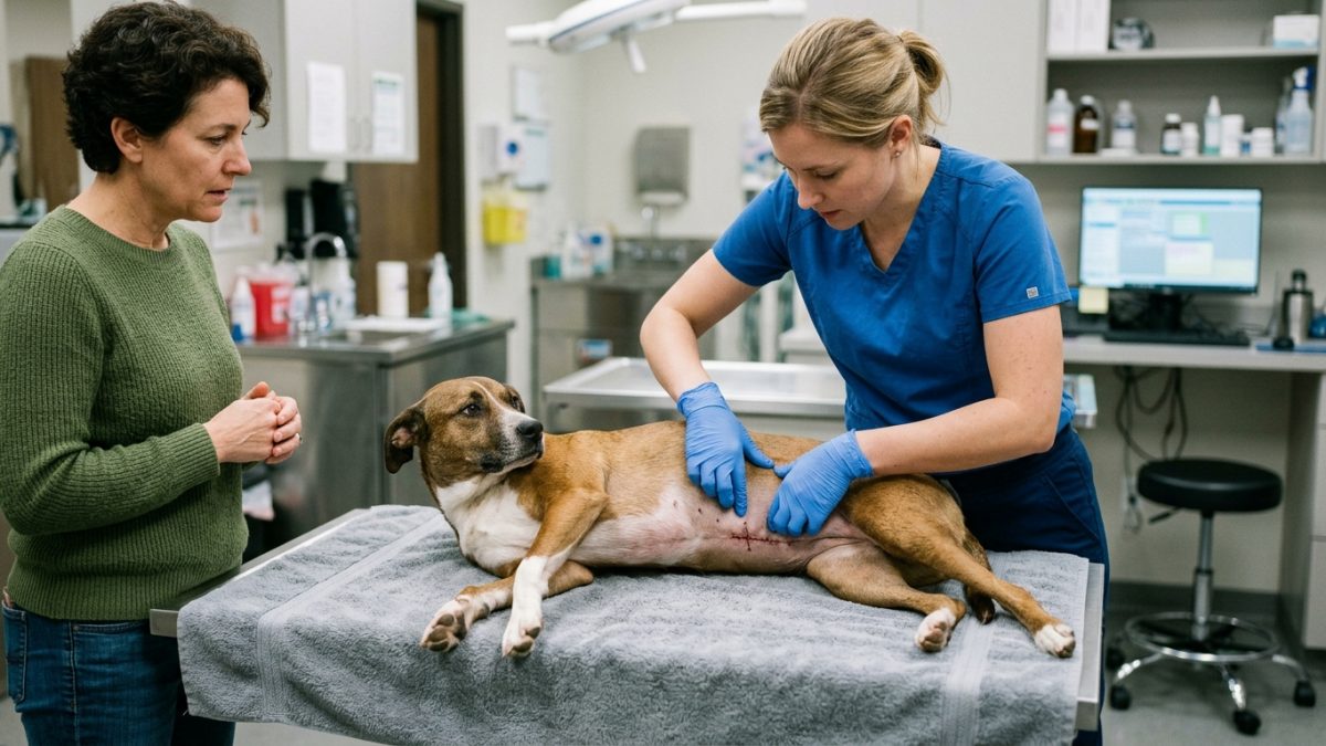 Veterinarian palpating surgical incision margins and assessing primary wound healing following feline gonadectomy.