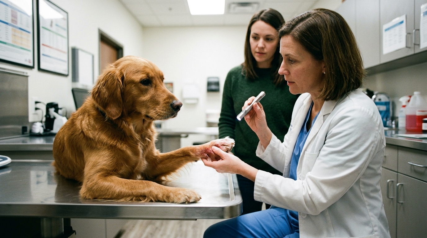 Clinical examination of canine interdigital web spaces demonstrating severe erythematous pododermatitis