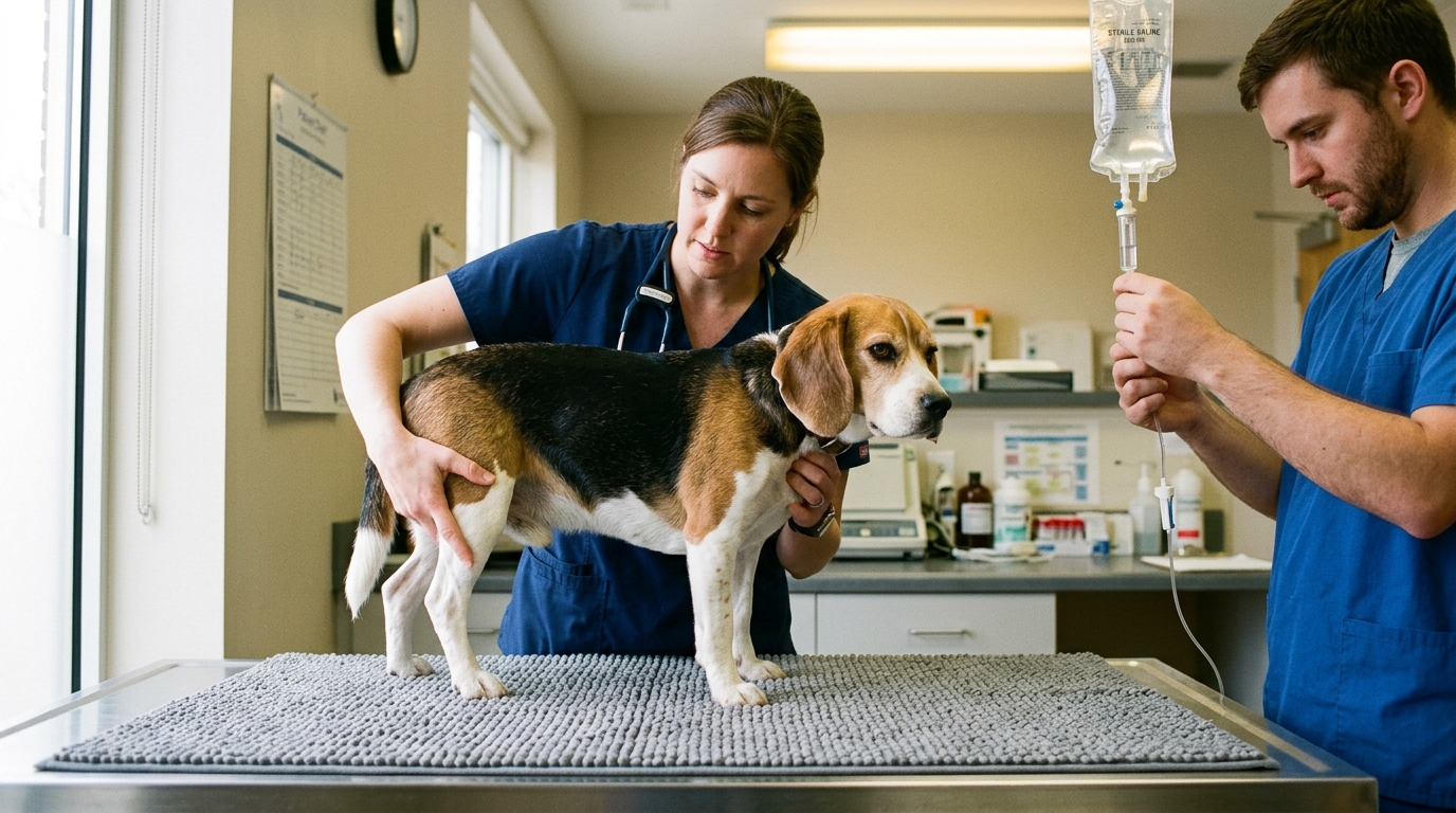 Emergency veterinarian evaluating hind leg weakness and postural reflexes on calm Beagle patient on exam mat with technician preparing IV fluids