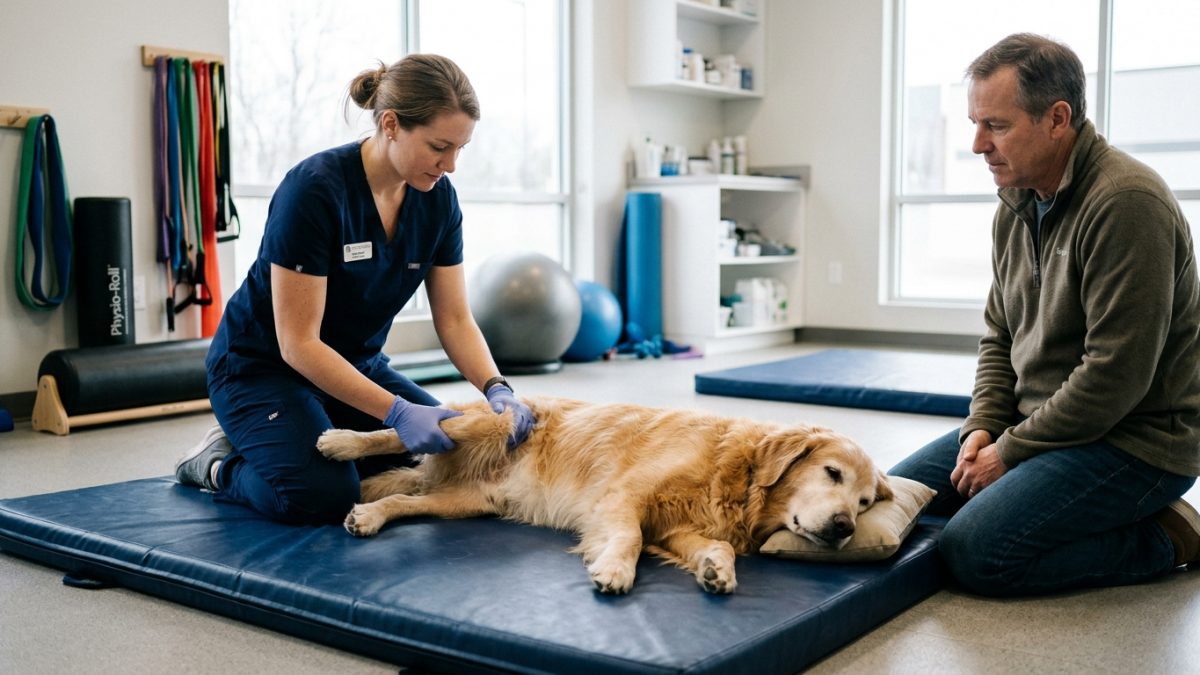 Veterinary physical rehabilitation therapist performing passive range of motion (PROM) and gentle joint mobilization on canine hindlimb.