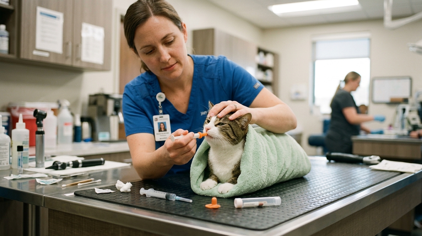 Low-stress Fear-Free cat burrito towel wrap technique minimizing anxiety during veterinary exam and quarantine care