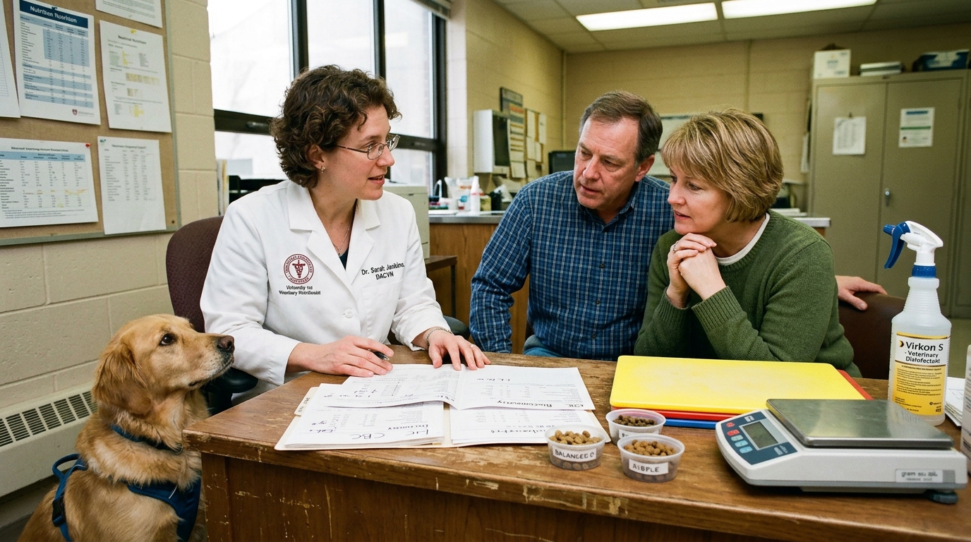 Veterinary clinical nutrition consultation establishing renal therapeutic diet protocol for canine CKD