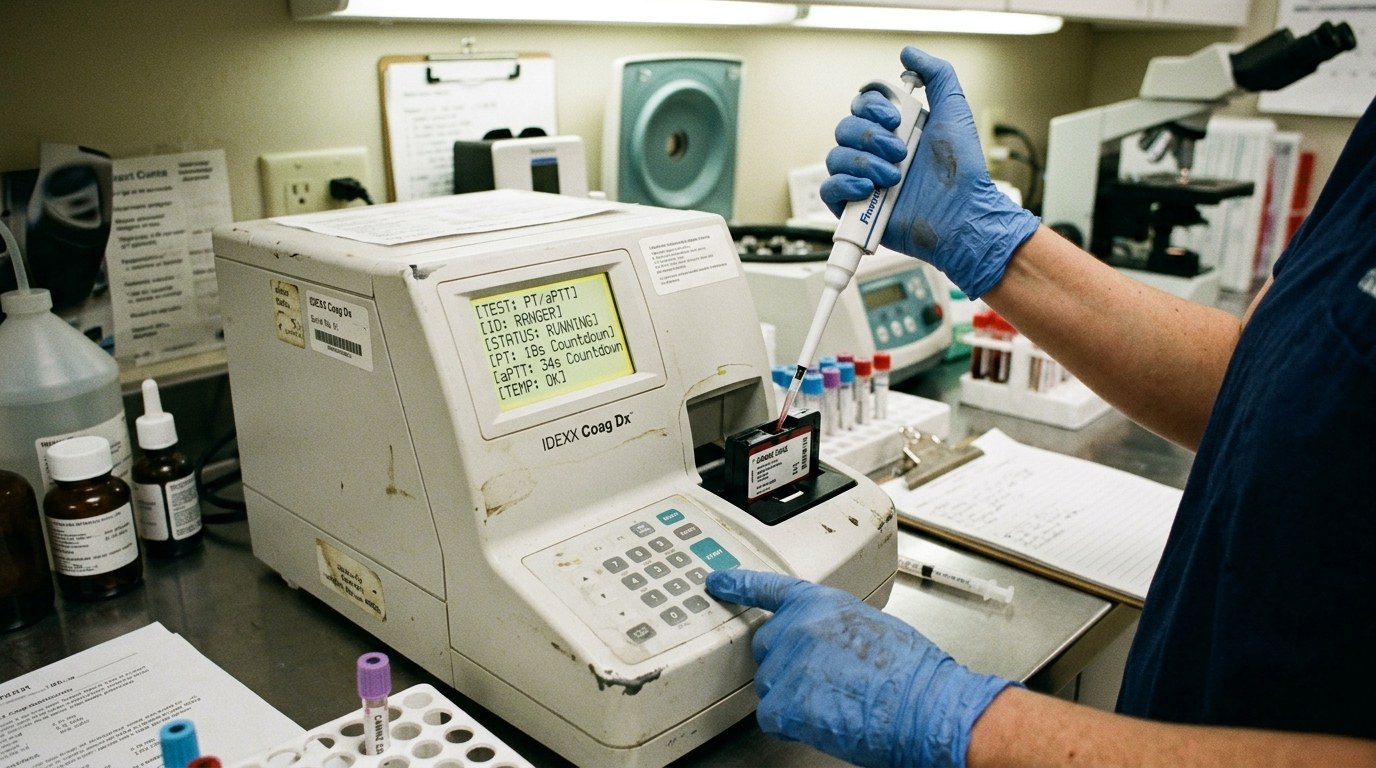 In-clinic veterinary coagulation analyzer monitoring prothrombin time in hepatotoxic patient