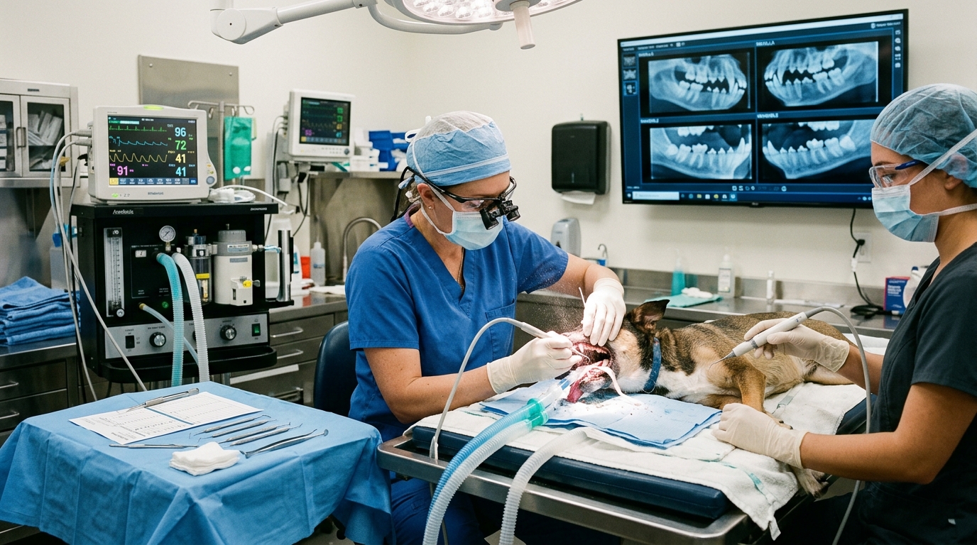 Figure 2: Comprehensive Oral Health Assessment and Treatment (COHAT) — Professional veterinary dental surgery on an intubated, anesthetized canine patient utilizing subgingival ultrasonic scaling and full-mouth digital dental radiography to diagnose hidden subgingival pathology.