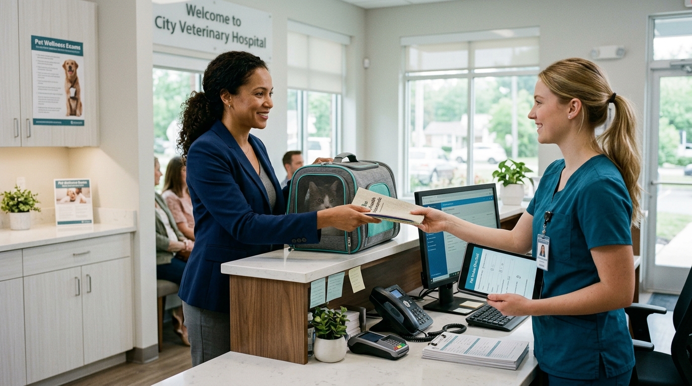 Figure 2: Morning Drop-Off Wellness Exam & Intake Protocol — A busy pet owner handing over an organized health folder and pet carrier to a welcoming veterinary technician holding an intake tablet across a clinic reception desk.
