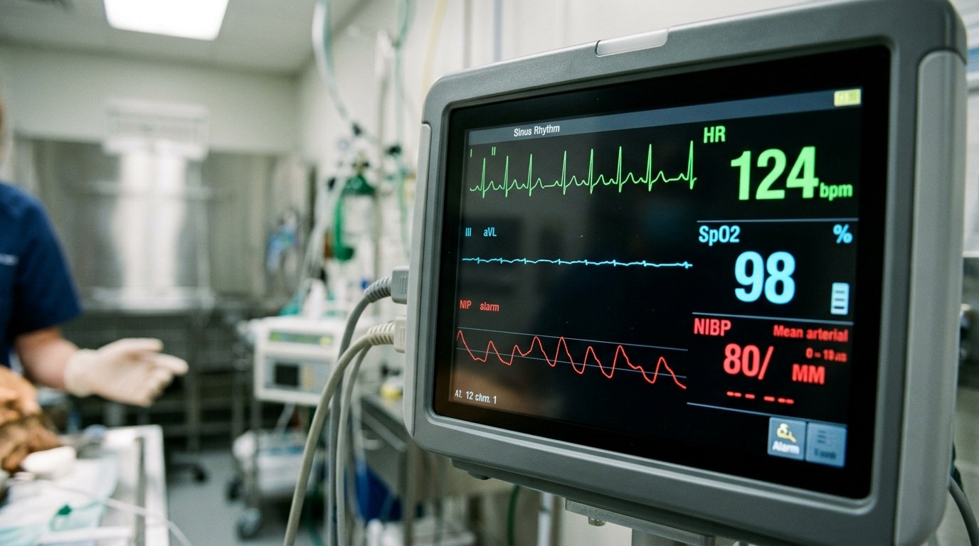 Continuous ECG cardiac telemetry display demonstrating ventricular premature complexes in canine ICU
