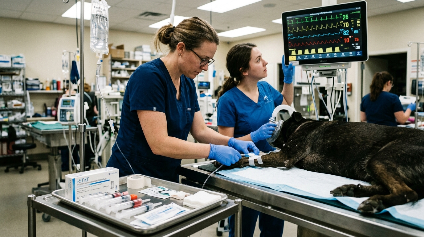 Figure 2: Veterinary Emergency ICU Shock Resuscitation — Critical care intervention securing emergency large-bore venous access with automated pressure diuresis, continuous multi-lead ECG rhythm telemetry, flow-by oxygen therapy, and point-of-care blood gas analysis.