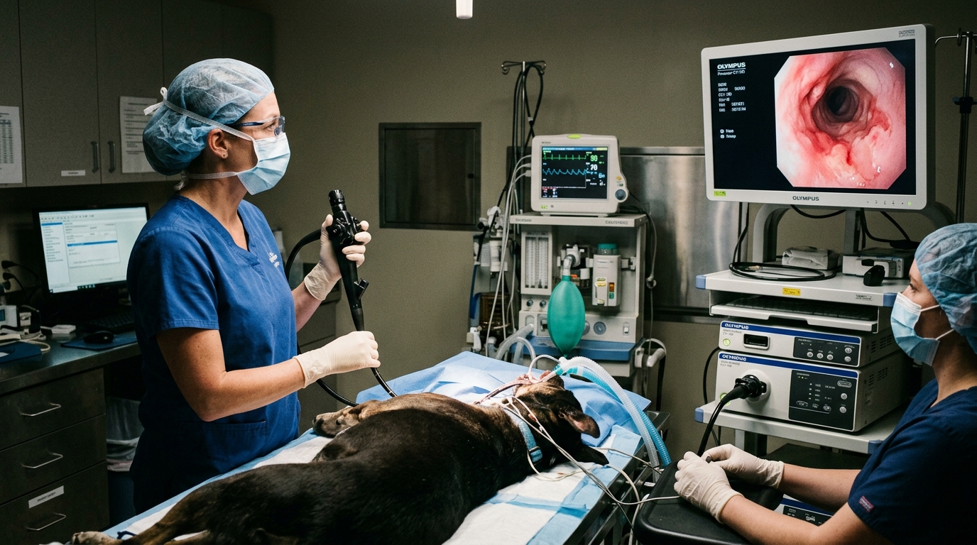 Veterinary surgical team performing flexible video endoscopy on anesthetized canine patient with monitor displaying esophageal view