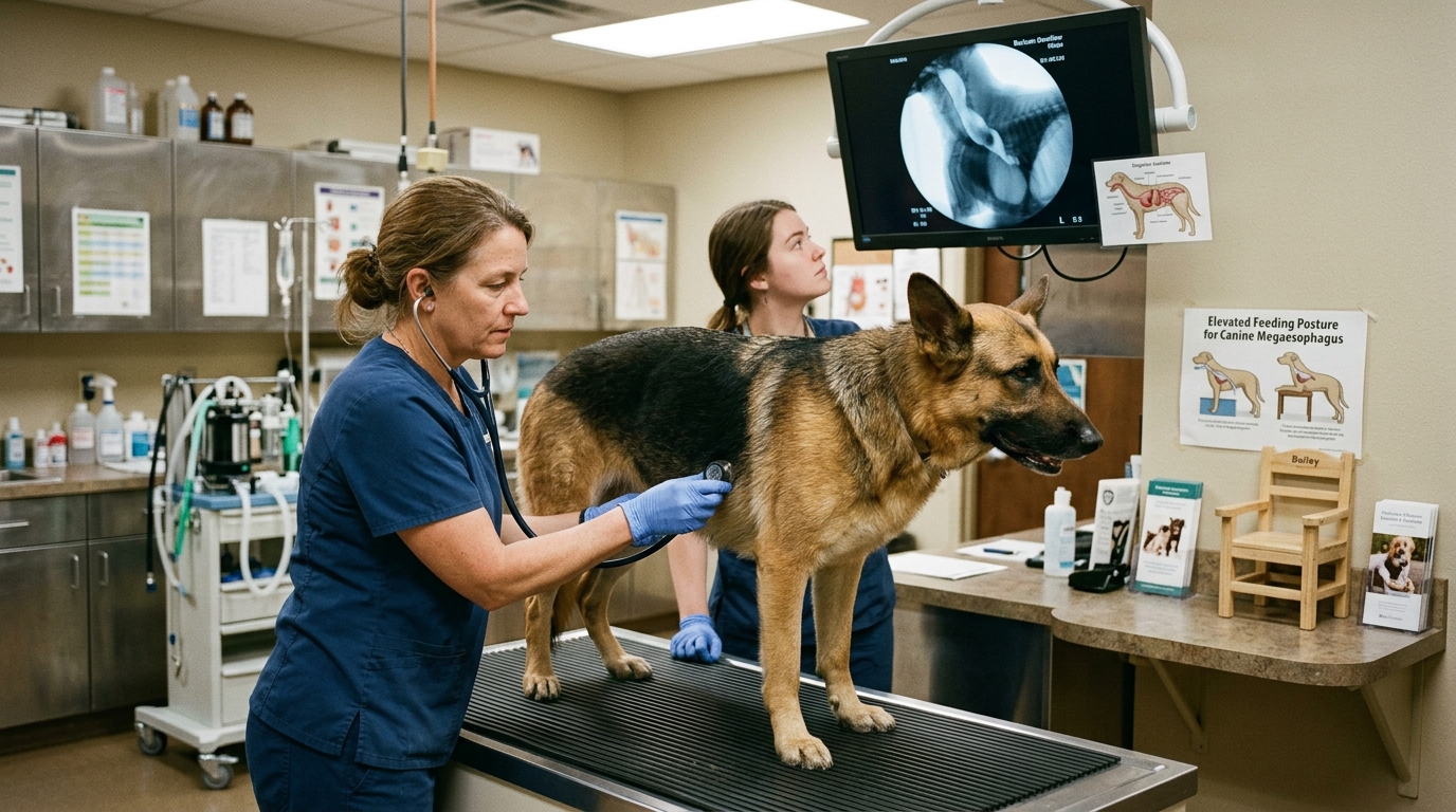 Figure 2: Thoracic Auscultation & Megaesophagus Management — A veterinarian performing lung auscultation to rule out secondary aspiration pneumonia in an adult German Shepherd with chronic regurgitation, backed by barium swallow scans and elevated feeding chair protocols.