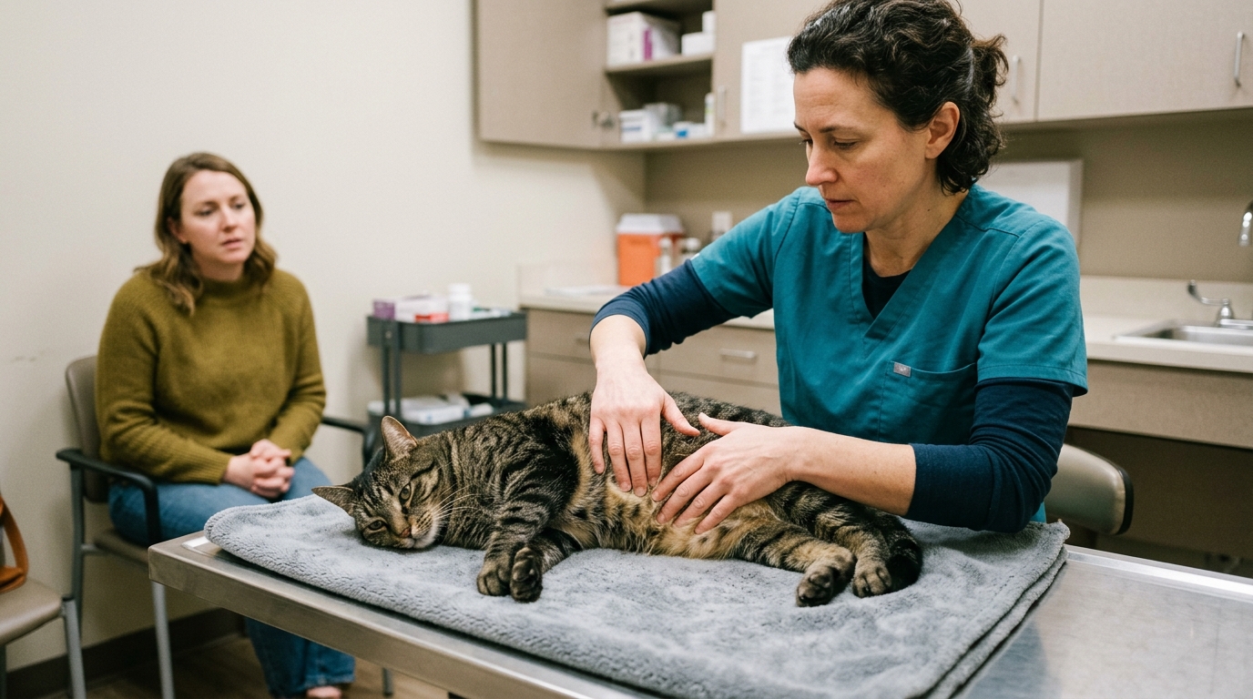 Veterinarian gently palpating gas-distended abdomen of domestic shorthair cat on exam table while assessing hydration and explaining dietary management to caregiver