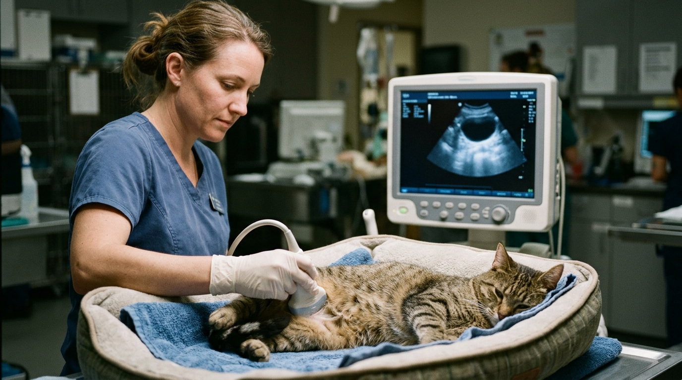 High-resolution ultrasound imaging of feline urinary bladder demonstrating thickened wall and luminal sediment