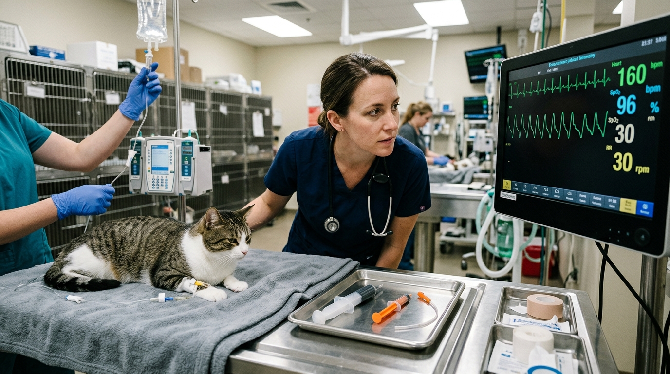 Emergency veterinarian monitoring active ECG telemetry tracings of poisoned cat in ICU while technician administers intravenous crystalloid fluid infusion