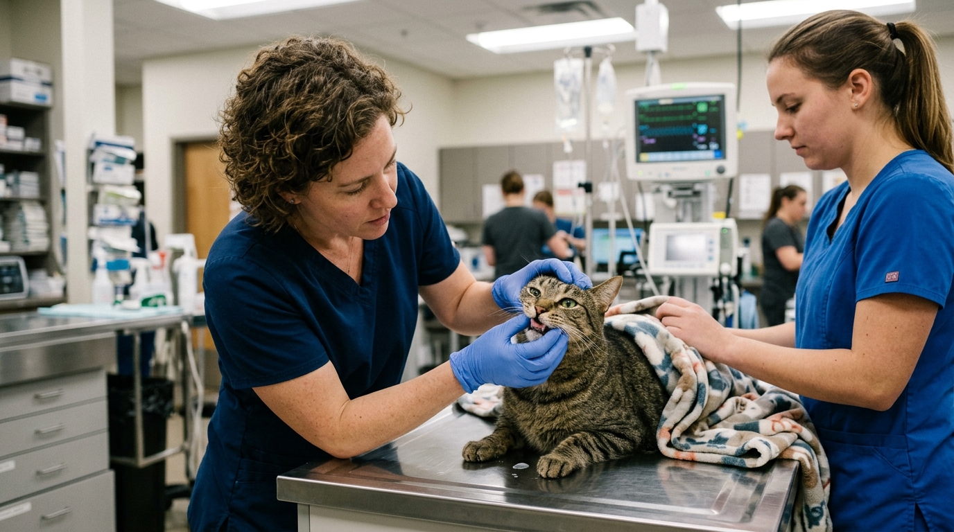 Veterinarian inspecting oral mucous membranes and hypersalivation of cat with citrus oil exposure on exam table while technician wraps warm blankets