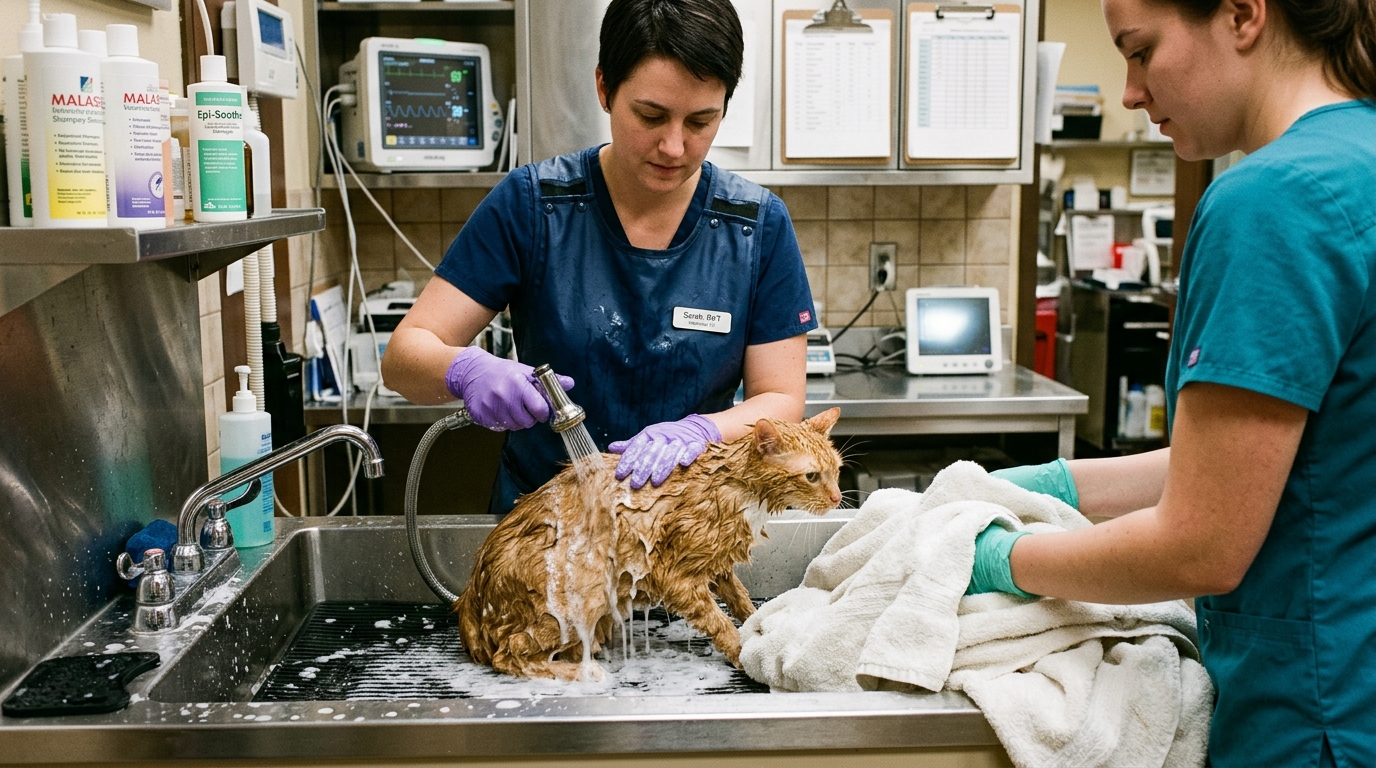 Veterinary technician wearing nitrile gloves and apron gently washing shivering cat with degreasing soap in stainless sink while assistant prepares warm towels