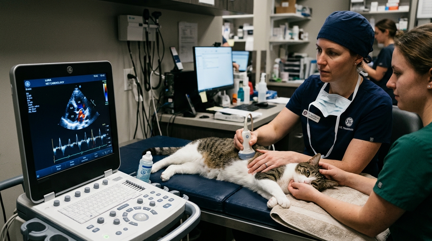 Veterinary cardiologist performing echocardiogram on domestic cat lying on specialized cutout exam table with assistant soothing patient