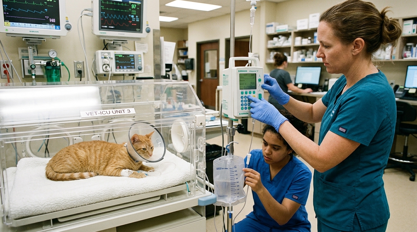 Intensive care veterinary unit providing fluid diuresis, blood pressure tracking, and renal monitoring for an older feline patient.