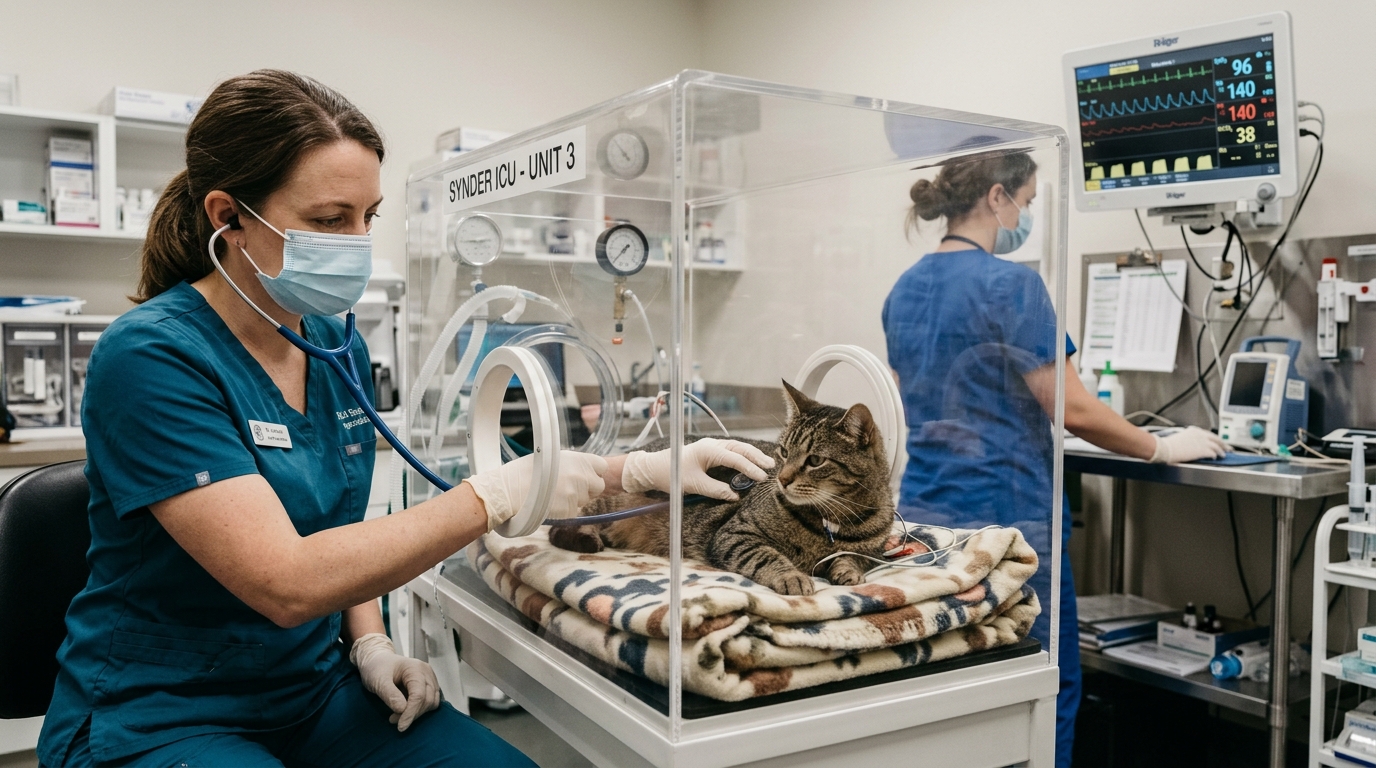 Figure 2: Low-Stress Oxygen Chamber Triage & Respiratory Auscultation — A feline specialist gently auscultating a dyspneic cat resting inside an enriched oxygen ICU chamber via access ports, avoiding physical handling stress during acute respiratory crises.