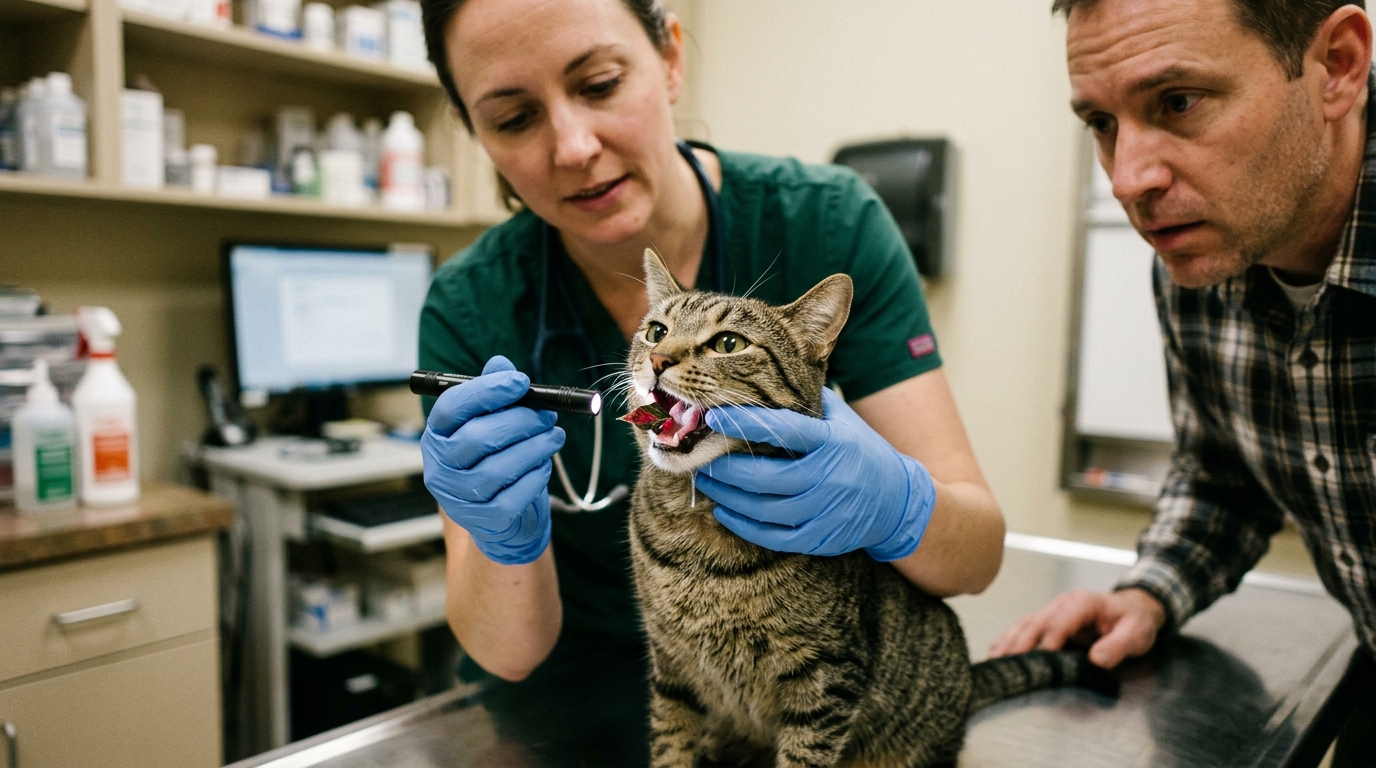 Veterinarian using penlight to examine oral cavity and gums of drooling cat on exam table while caregiver observes clinical demonstration