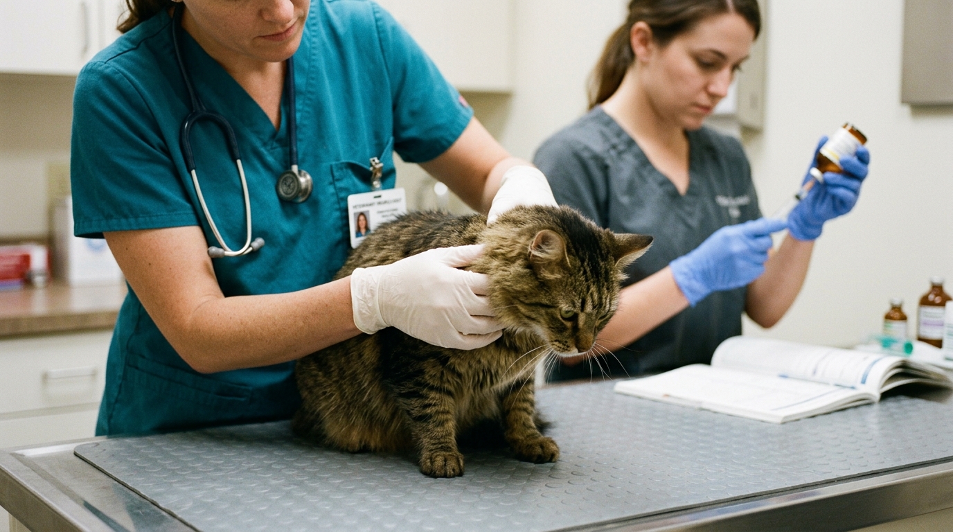 Emergency veterinarian evaluating cervical ventroflexion and neck posture on domestic cat on rubber mat while technician prepares thiamine injection