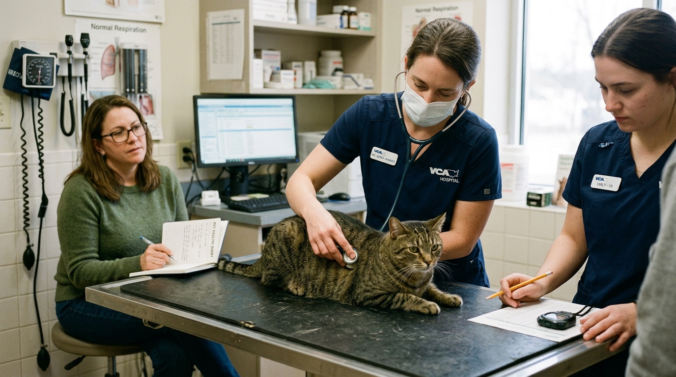 Figure 2: Clinical Thoracic Auscultation & Caregiver Respiratory Education — A veterinarian in navy scrubs auscultating an adult cat's thorax while demonstrating subtle abdominal effort detection and home SRR timing protocols to an attentive owner.