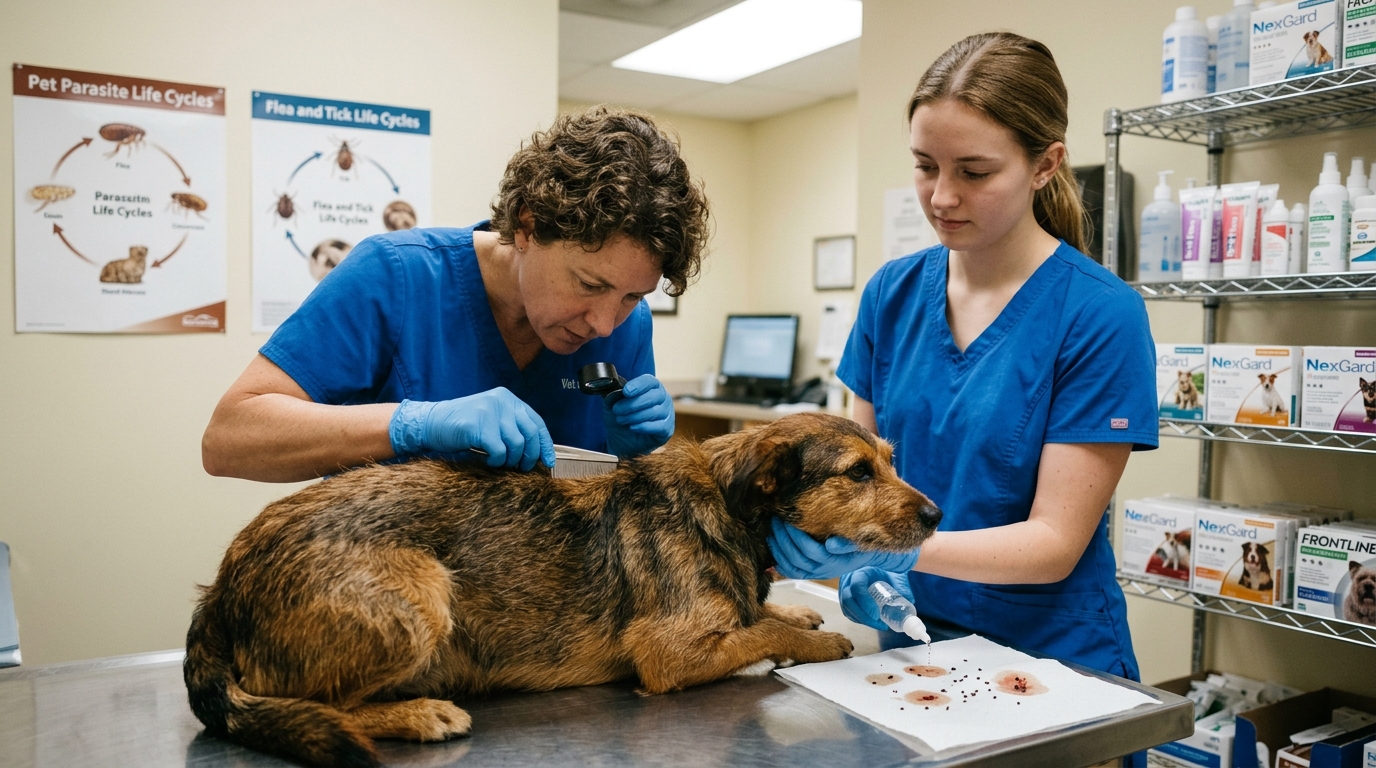 Figure 2: Clinical Flea Comb Dermatology Examination — A veterinarian parting lumbar fur over a moist paper towel to verify digested flea dirt rings, tracking parasitic burden and flea allergy dermatitis (FAD) alongside preventative client education.